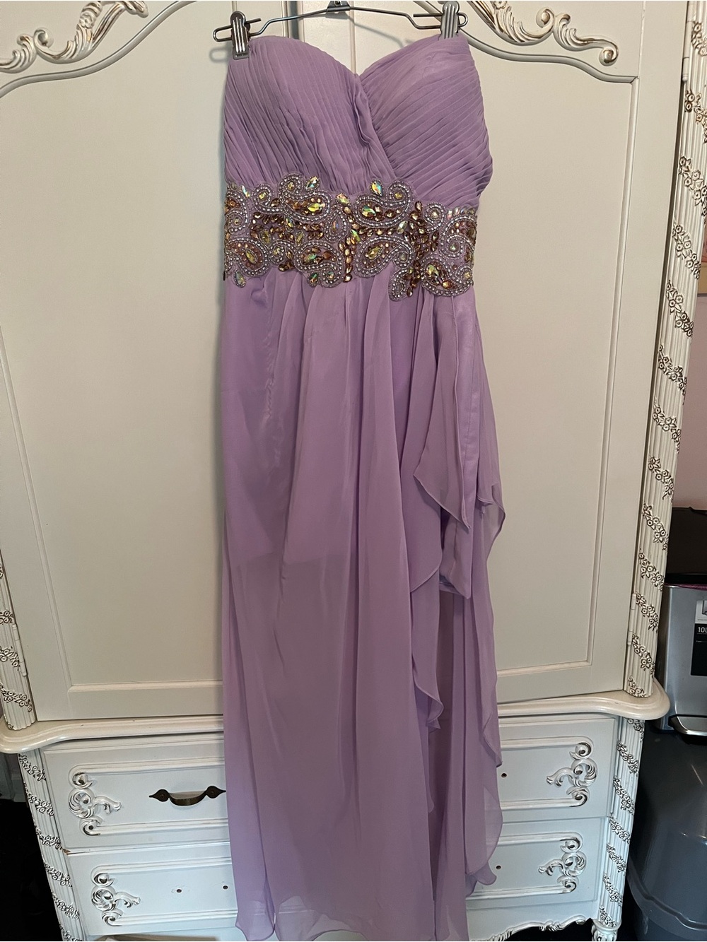 Strapless Lavender Evening Gown with Beaded Waist